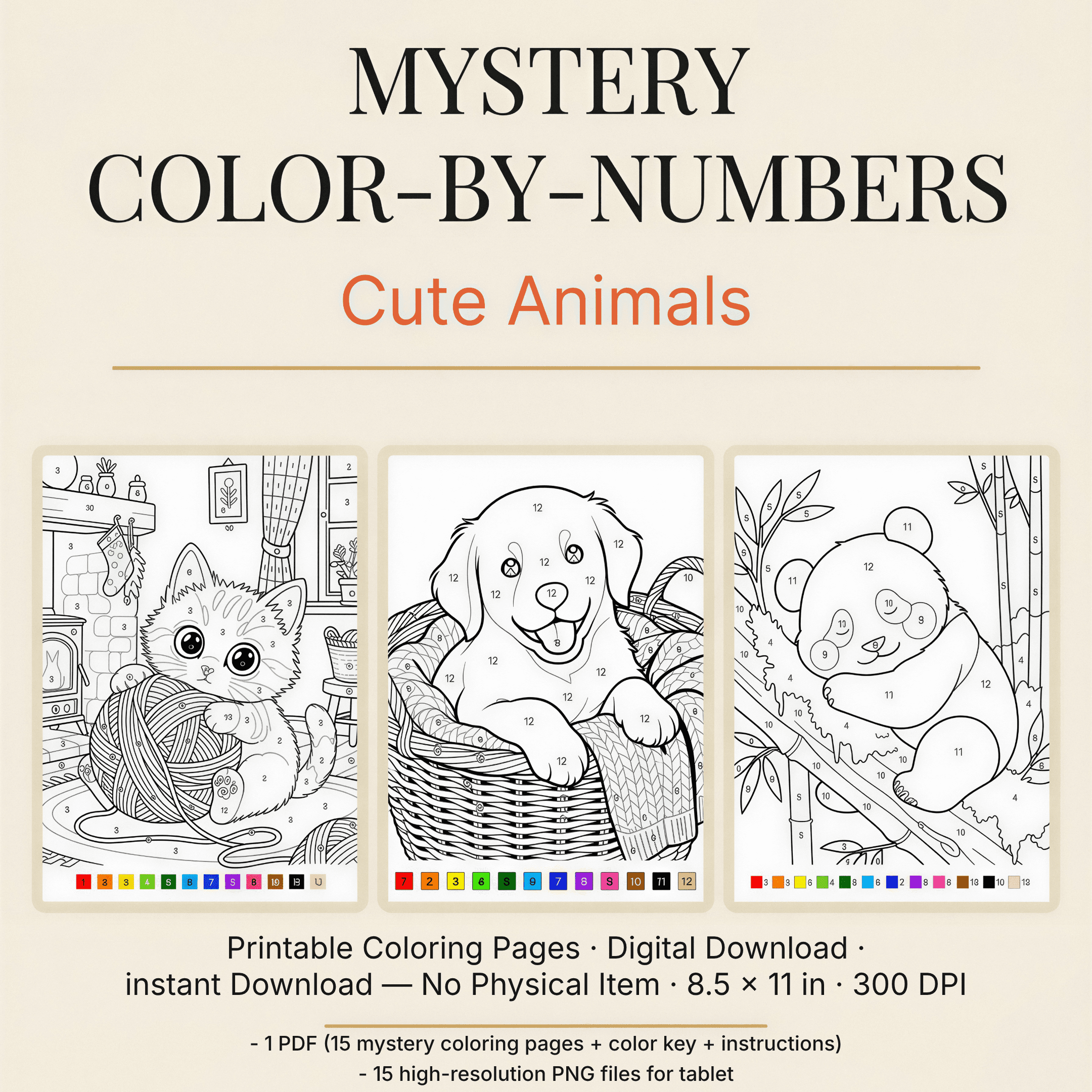 Coloriage Mystère Numéroté Animaux Mignons | Pages à Colorier Enfants | Téléchargement PDF + PNG